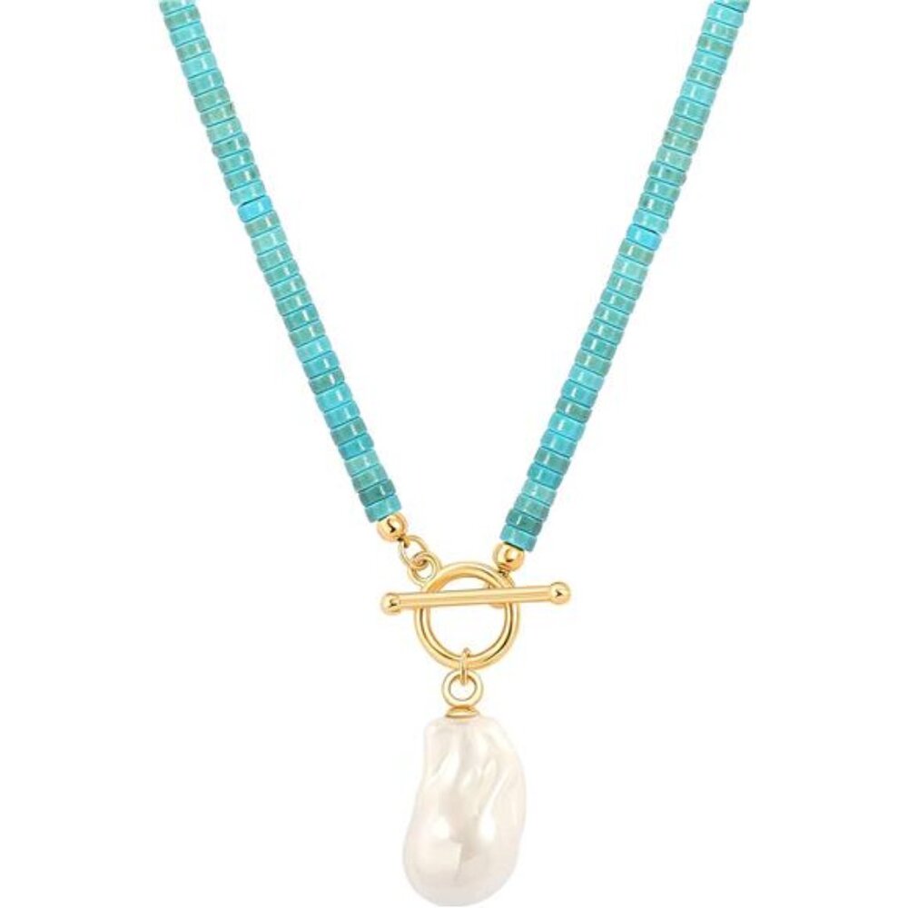 Handmade Turquoise & Pearl Necklace – 18k Gold Toggle Choker